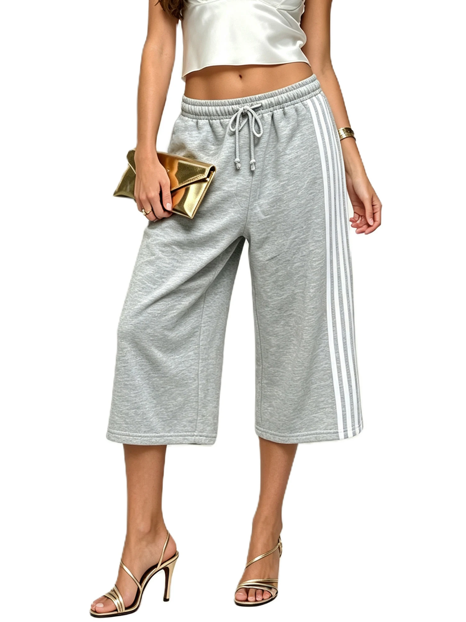 Women s Wide Leg Capris Striped Side Loose Fit Drawstring Cropped Pants