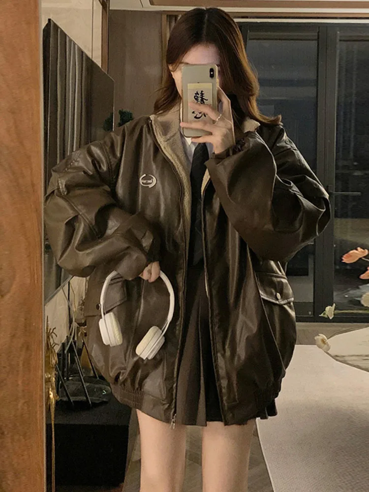 

Fashion PU Leather Jacket With Lambswool Coat Both Sides Female Y2K Winter New Velvet Locomotive Cotton-padded Jacket