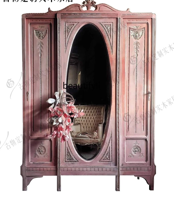 

retro solid wood, pink carved wardrobe/neoclassical locker/classical old wardrobe/