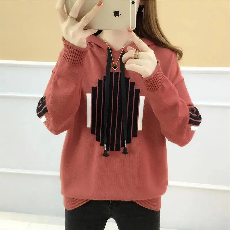 Streetwear Contrasting Colors Striped Sweatshirts 2022 Autumn Winter Female Clothing Hooded Drawstring Casual Loose Pullovers