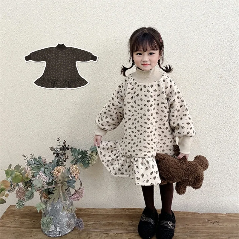 Autumn and Winter Girls' Dress Baby Children's Brand Korean Floral Velvet Thickened Fashionable Princess Dress