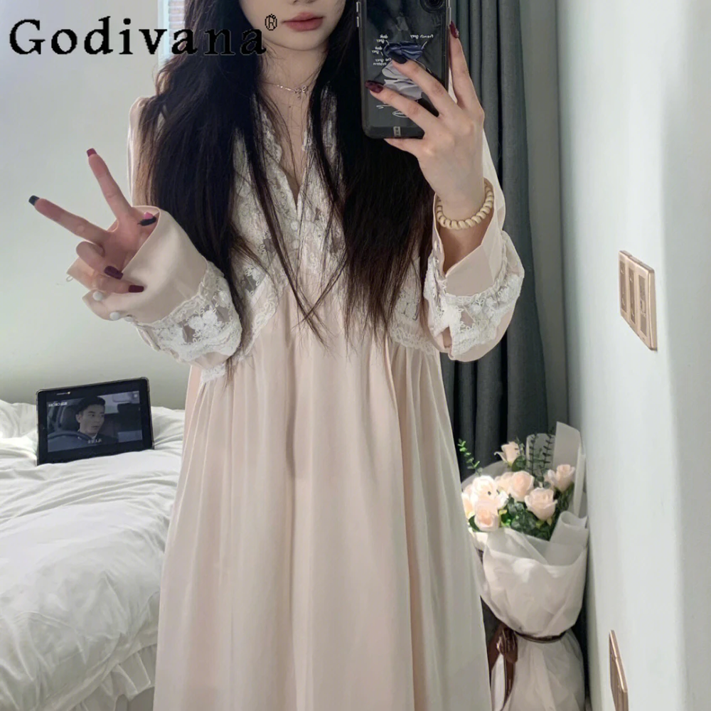 

Court Style Nightdress Sleepwear Long Sleeve Ice Silk Pajamas Female Spring and Autumn Princess Lace Nightgowns