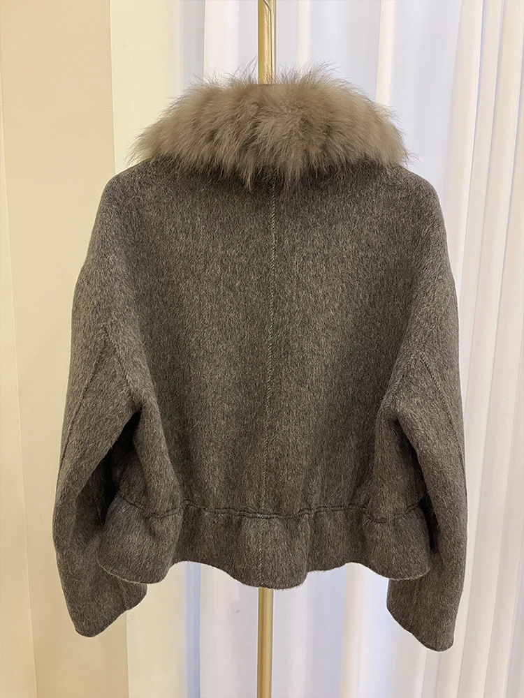 2025 Autumn Winter Women Natural Fox Fur Collar Jacket Cashmere Wool Woolen Coat Real Fur Outerwear Female Coat