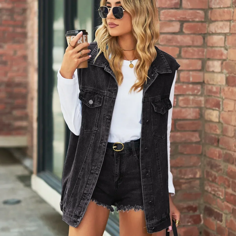 Denim Coat Vest Women Casual Loose Jeans Y2k Jackets Turn Down Collar Sleeveless Single Breasted Coats Elegant Cardigan Coat