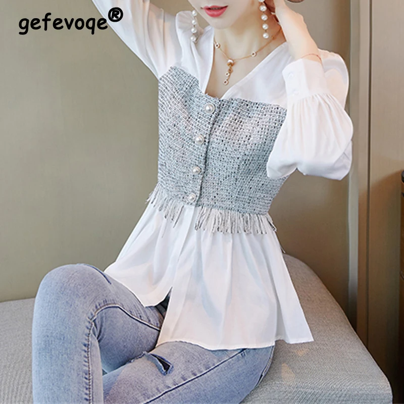 Frauen Rüschen Quasten Patchwork Perlen Knopf Design schicke Hemden 2023 Herbst mode V-Ausschnitt schlanke elegante Blusen Langarm Tops