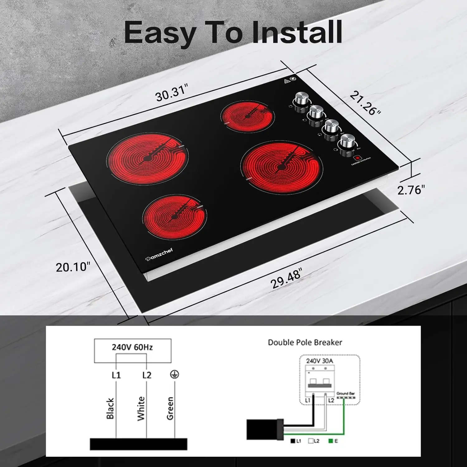 30 Inch Built-in Electric Cooktop,7000W and 4 Burners Cooktop with ETL Safety Certified,Knob Control Levels