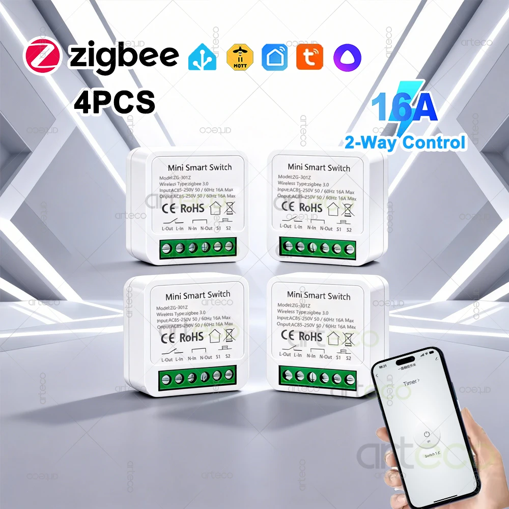 

4Pcs Mini ZigBee Smart Switch DIY Module 16A Lighting Relay Breaker App Remote Control,Home Automation,Zigbee Gateway Required