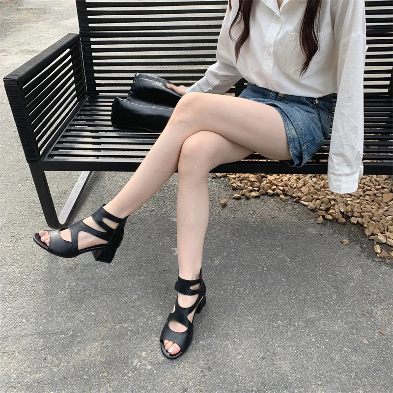 Open Peep Toe Ankle Boots Summer Cut Out Hollow Sandals Chunky Cuban Low Heel Booties Casual Shoes Girl Sandals Apricot Black