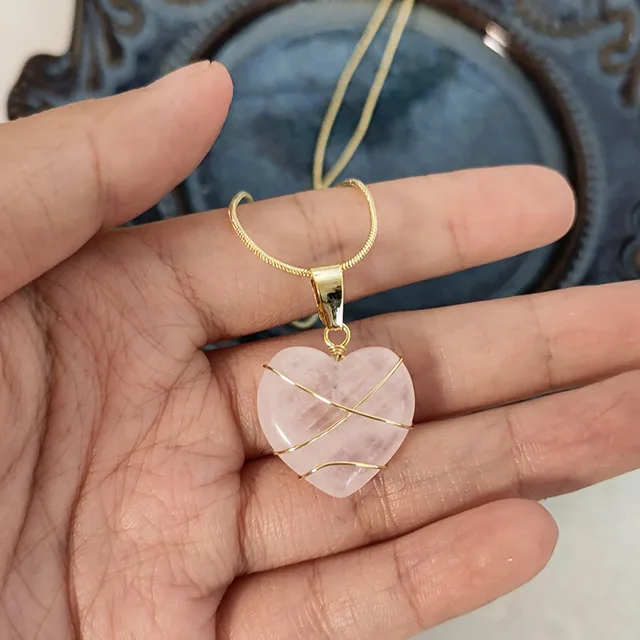 Statement necklace, trendy necklace, rose quartz necklace, selling heart necklace, copper wire wrapped necklace, Boho necklace