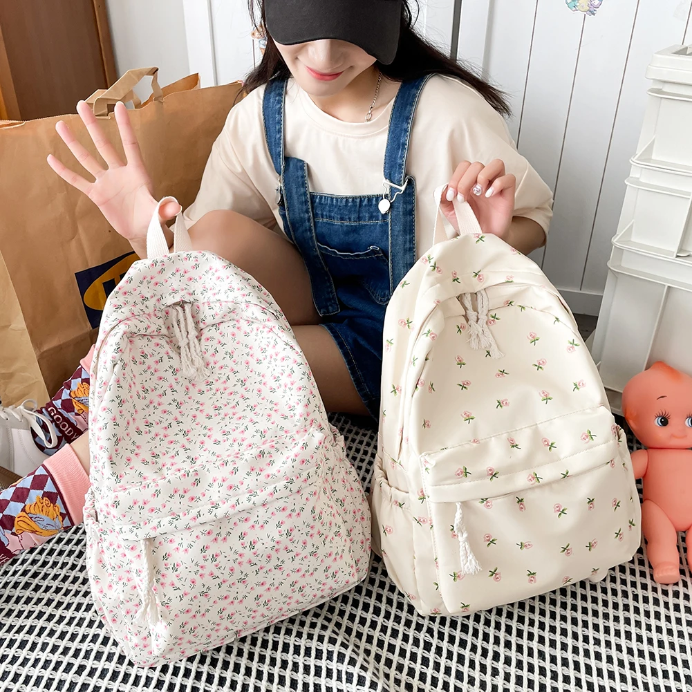 Women College Student Backpack Large Capacity Simple Floral Backpack Adjustable Strap Floral Backpack Students Daily Bag