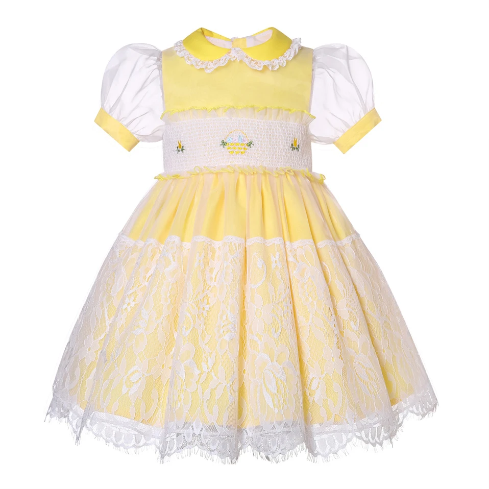Pettigirl Girls Yellow Summer Eid Cute Smocked Embroidery Lace Dresses for Children Bridesmaid Wedding Siblings Matching Outfits