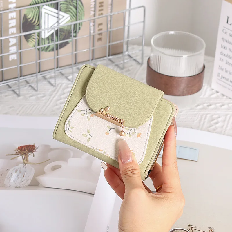 PU leather short small wallet, color-blocking printed buckle folding zipper student coin purse, square portable wallet