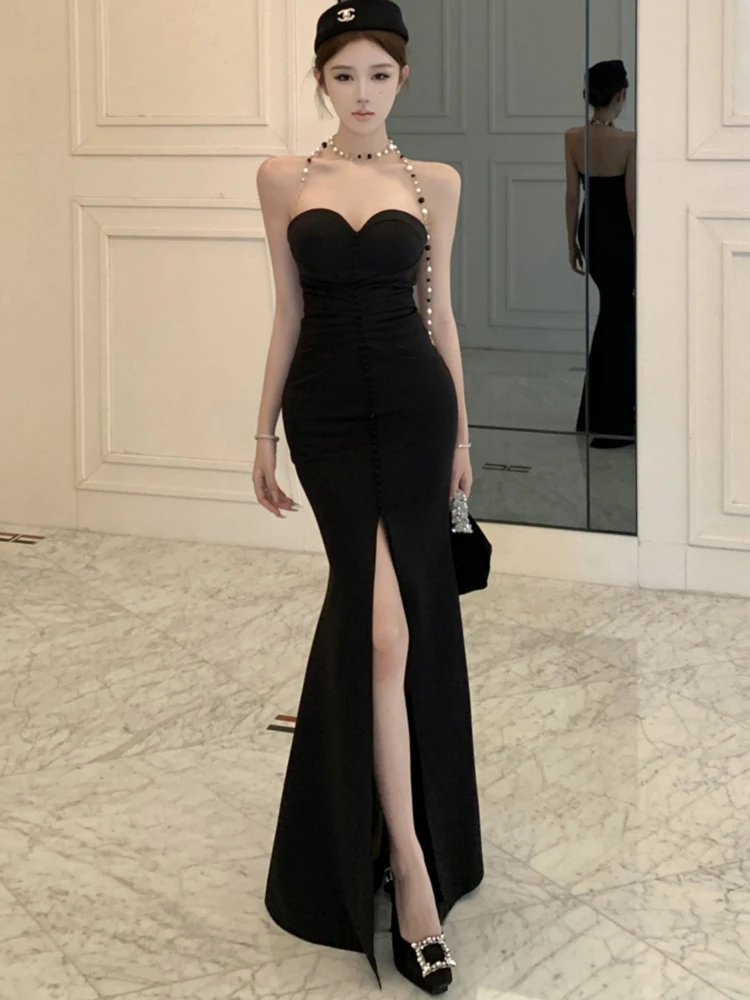 Frauen Koreanische Vintage Hepburn Prom Kleid Herbst Schwarz Brust Verpackung Sexy Backless Kleid 2025, Elegante Bodycon Luxus Party Kleid