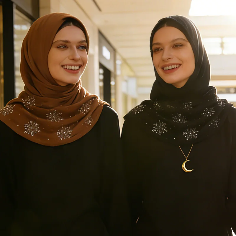 

Новый роскошный шифоновый платок с 25 цветами и стразами в виде снежинок, удобный в носке, не жаркий, этнический, 70x170 см, длинный мусульманский хиджаб