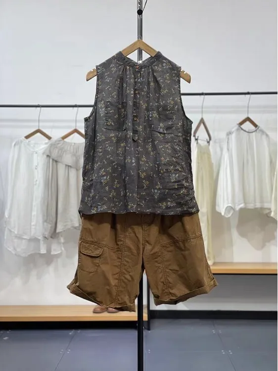 

Лето 202, винтажный художественный свободный этнический топ с цветочным принтом, свободный утягивающий топ на пуговицах, женский деловой топ...