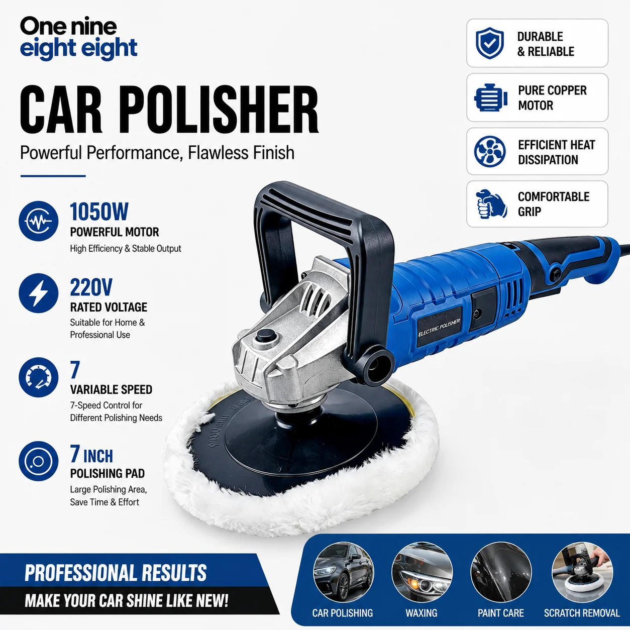 1050W Car Polisher 7 Inch 180mm 7 Speed Variable Speed Electric Buffer Polishing Waxing Machine for Car Paint Auto Detailing DIY