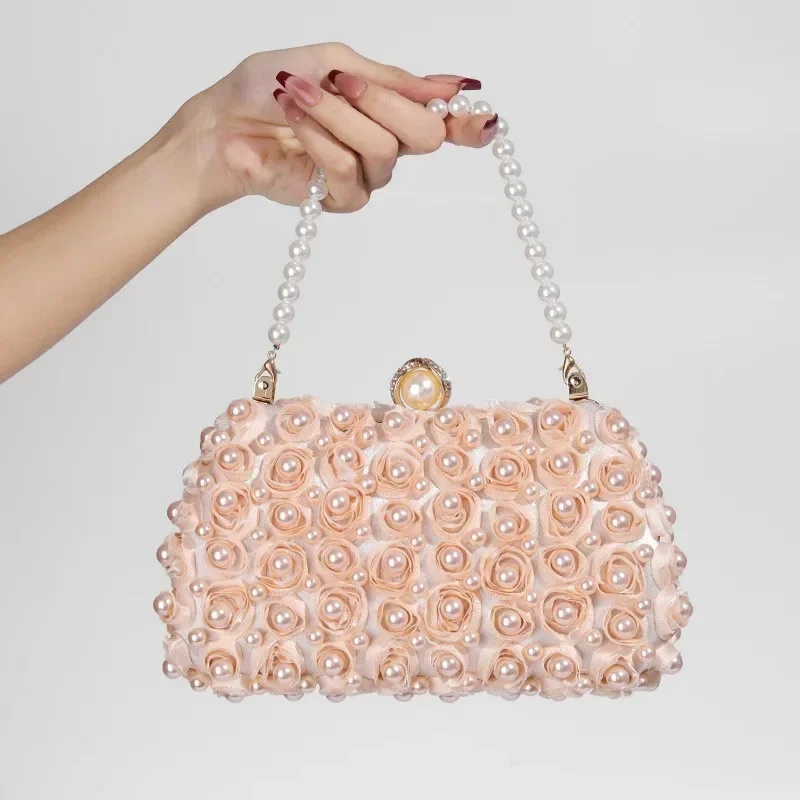 Wedding Party Evening Bag Luxury Double Sided Rose Appliques Champange Banquet Handbag Pearl-handle Red Clutch Bags for Women