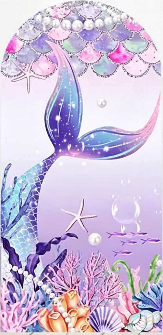Purple Mermaid Princess Happy Birthday Arch Background for Sweet Girl Castle Under the Sea Fish Scales Pearl Photo Backdrop