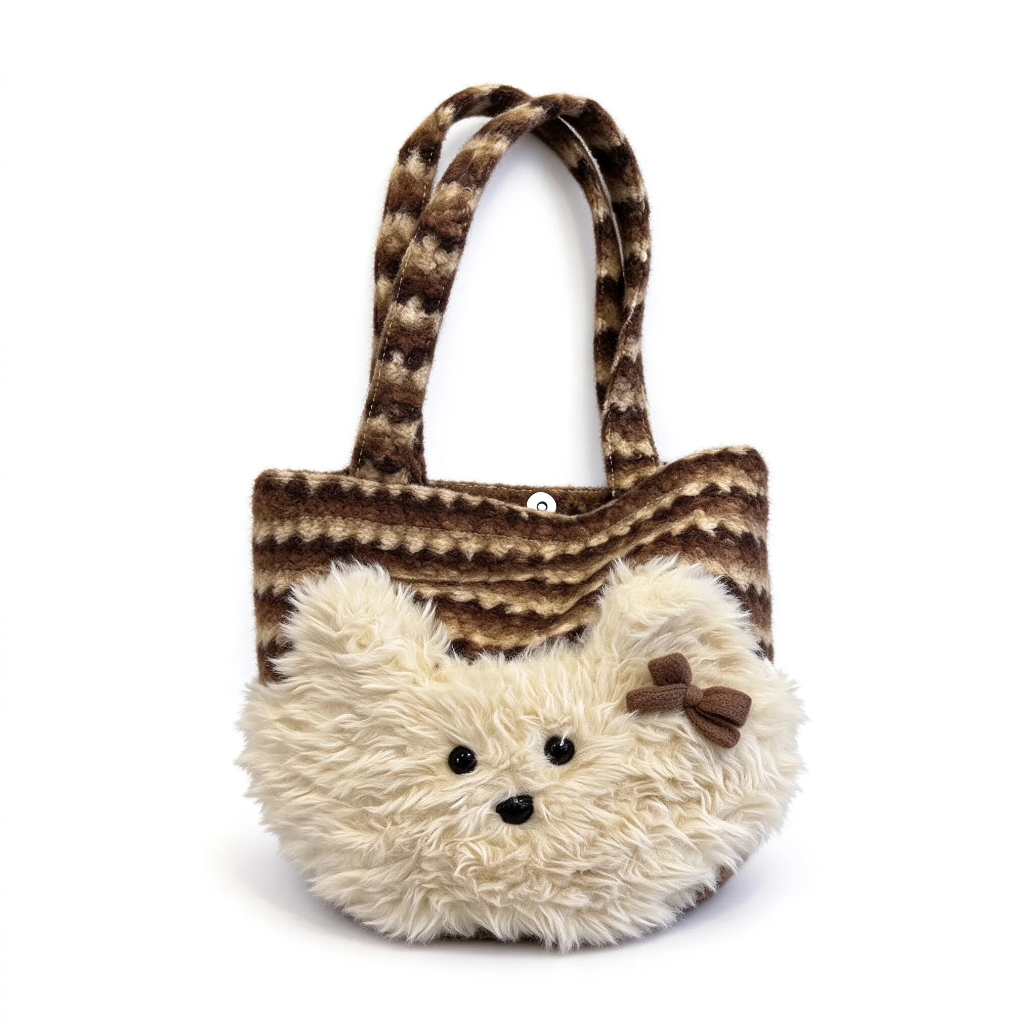 Brown Beige Cute Fluffy Puppy Dog Bow Plush Shoulder Bag Striped Knit Tote Large Capacity Striped Korean School for Women Girls