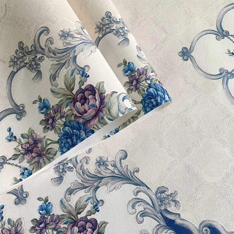 Vintage European Damask Floral Wallpaper Classic 3D Embossed Blue Flower Wallcovering for Bedroom Living Room Lobby Decoration