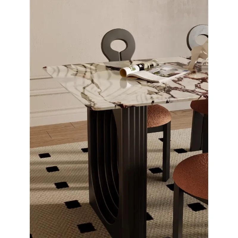 

French retro cream style natural marble dining table household small apartment light luxury oval luxury stone table