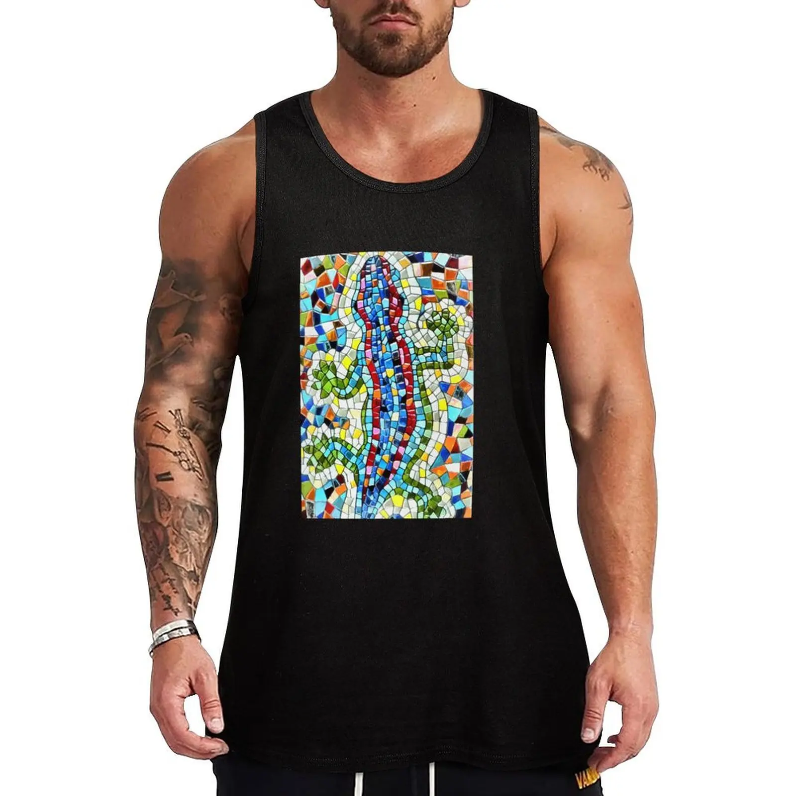 Camiseta sin mangas Lizard Gaudi Barselona con mosaico, camiseta sin mangas de algodón, camisa informal suave sin mangas