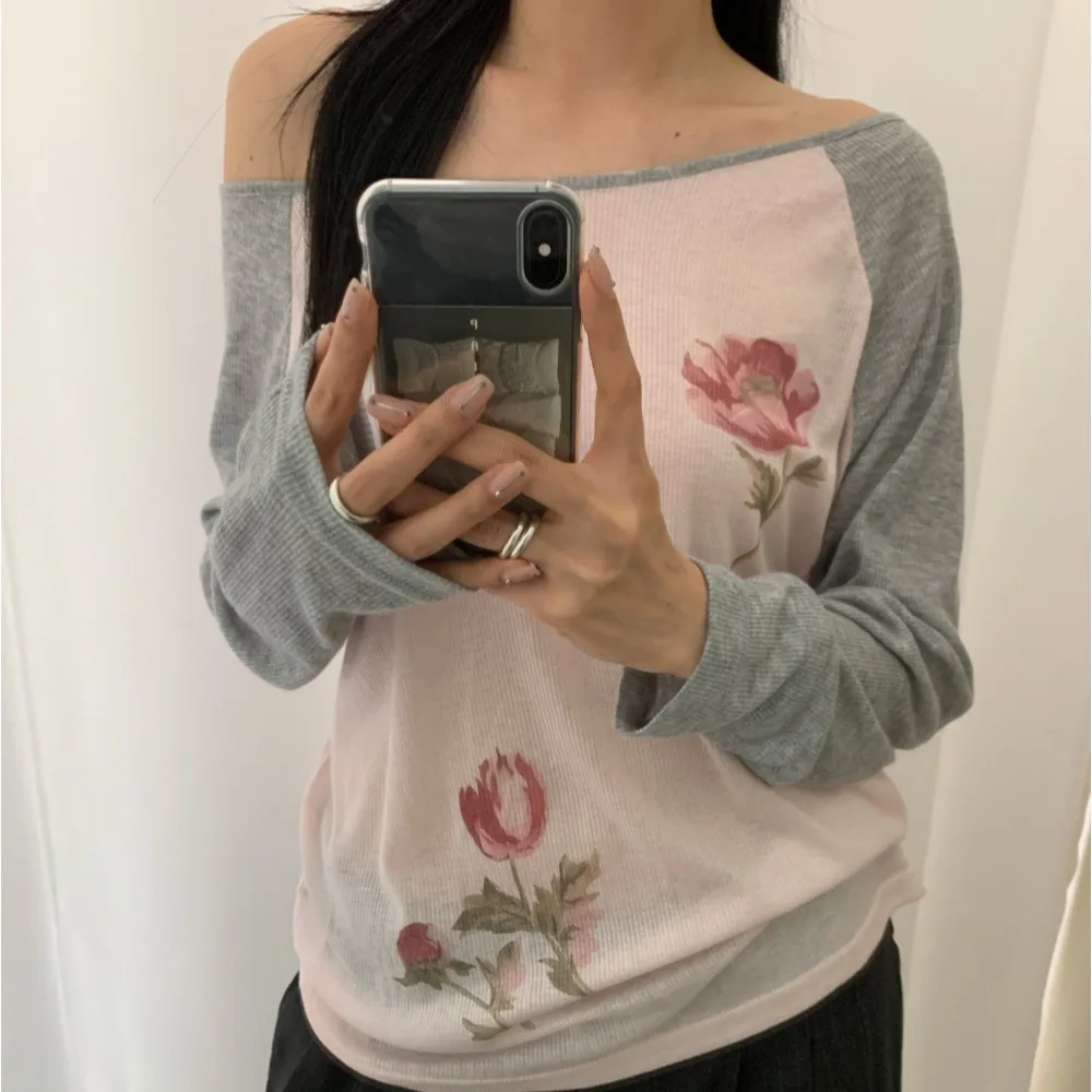 Casual Style Long Sleeve One Shoulder Splice Loose Feel T-Shirt Women's Base Shirt Top Polyester Fiber 100% Autumn Season