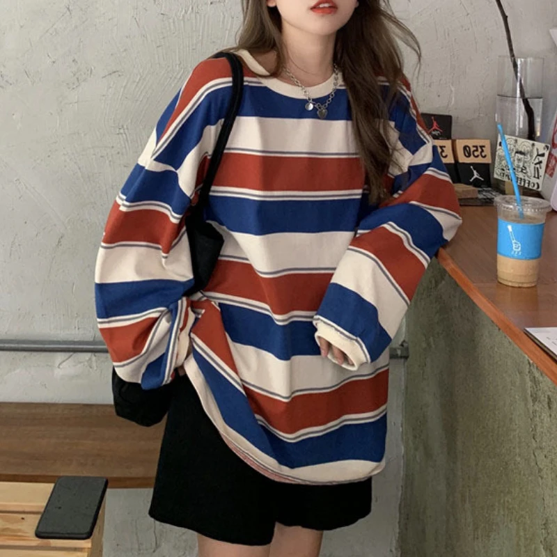 Hoodie bergaris Harajuku Fashion wanita, Hoodie lengan panjang musim semi dan musim gugur, Sweatshirt Hoodie katun Pullover mantel kasual