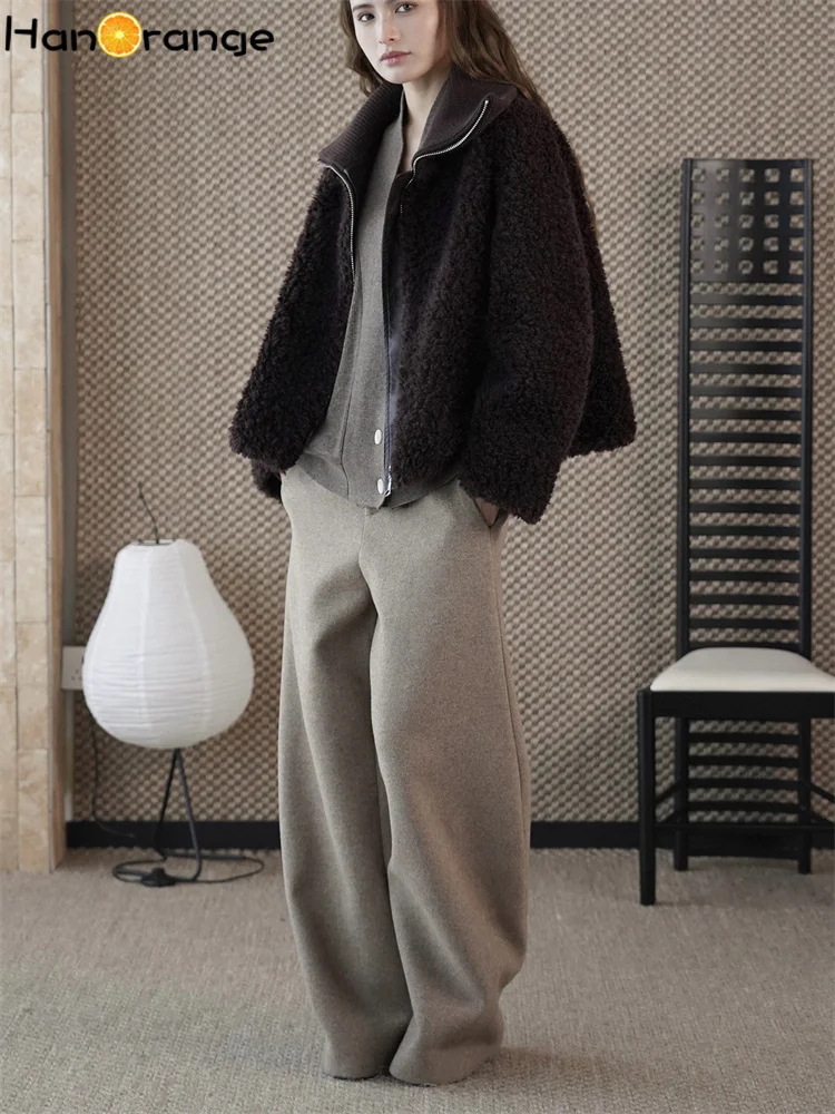 HanOrange 2025, зимняя ретро ленивая плюшевая куртка с воротником-стойкой и полумолнией, искусственная куртка из овечьей шерсти, свободное теплое пальто, дымчато-серый/шоколадный цвет