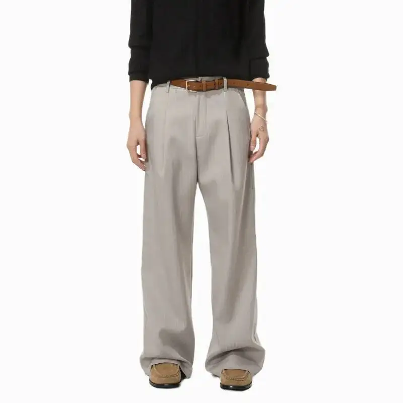 

New Simple Men's Suit Pants Solid Color Double Pleated Casual Menswear Straight Wide Leg Loose Male Bottom Autumn
