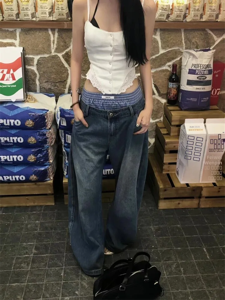 

Vintage High Street Loose Fit Double Waistline Floor-Length Jeans Sweet Spicy Girl Cotton Stretch Denim Ladies Summer Jeans