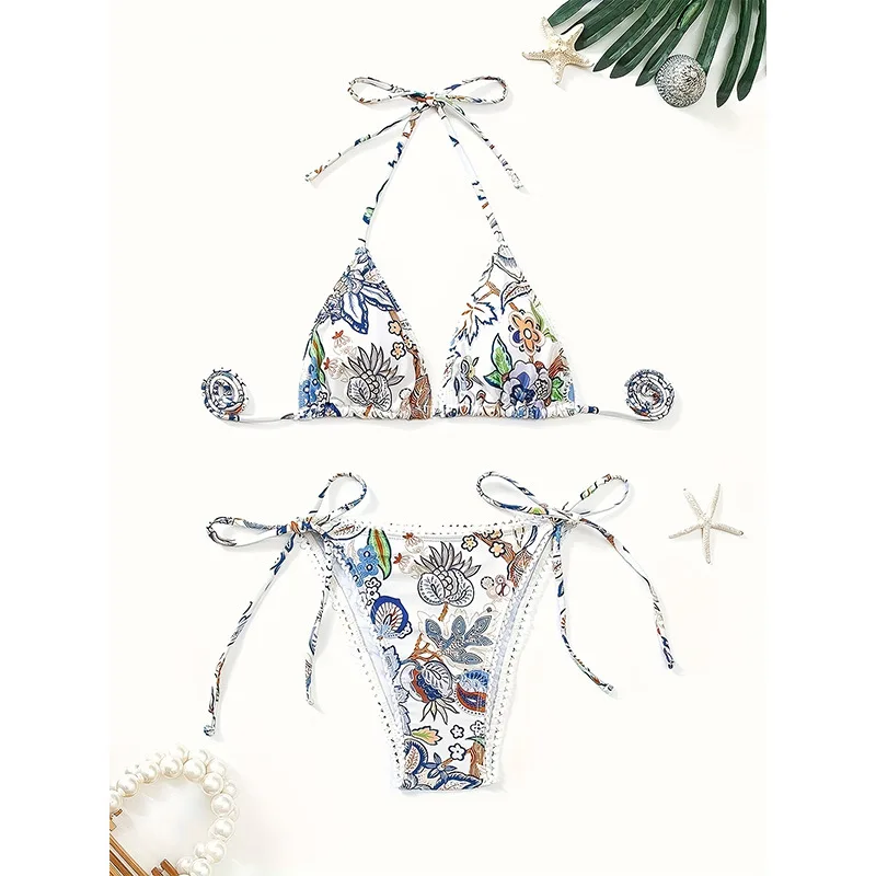 

2025 Pure Desire Style Bikini Women New Two-Piece Swimsuit European and American Hot Selling Tight-Fitting Gathered Printed High