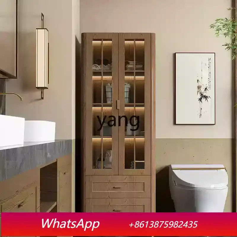 

LH new Chinese style solid wood bathroom side cabinet walnut storage combination glass side cabinet with door