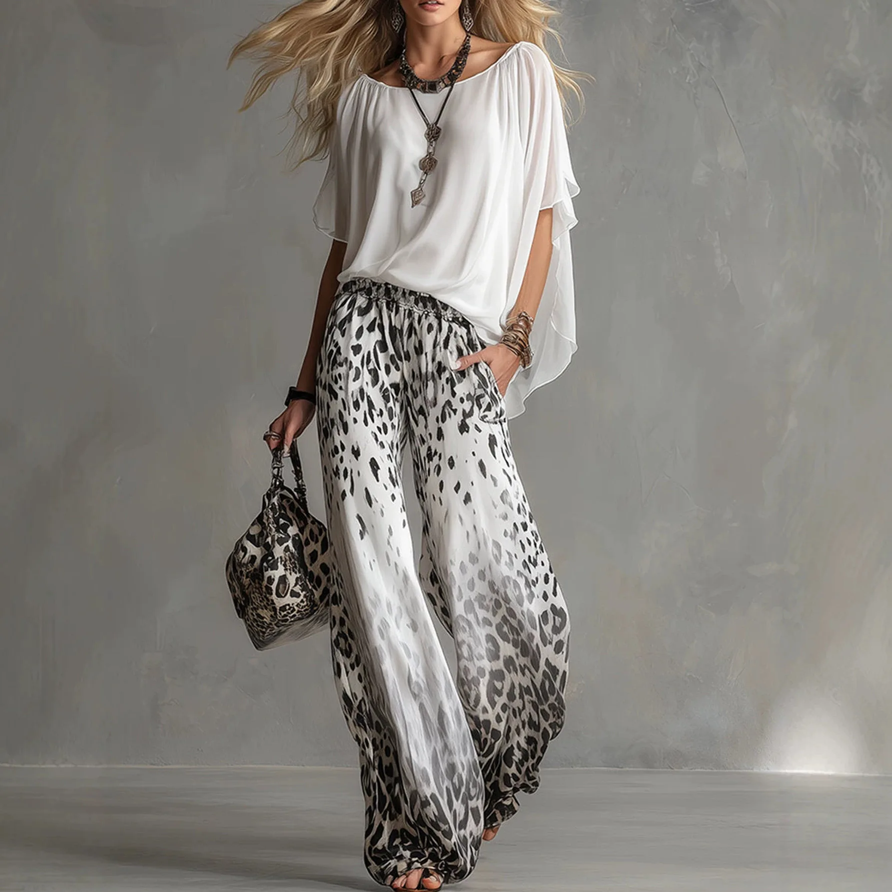 

Pant Set Women Two Piece Sets Round Neck Tops Leopard Print Wide Leg Long Pants Elastic Waist Y2k Streetwear Elegant Summer 2026