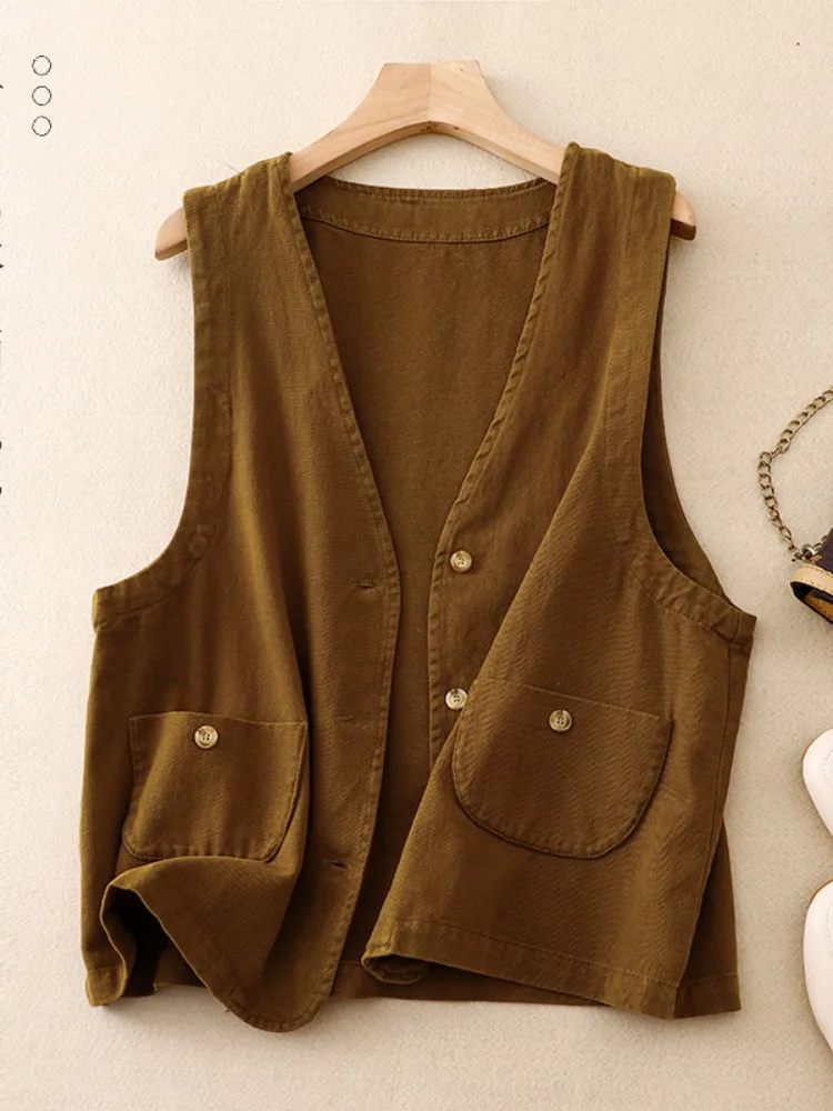 Slimming Effect Vintage Cotton Sleeveless Workwear Vest Women's Spring Summer Layering Outerwear Youthful V-neck Tank Top