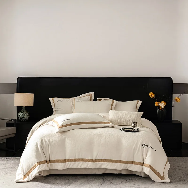 

Customizable Nordic style milk fleece embroidered four-piece set thickened double-sided fleece bed sheet quilt cover