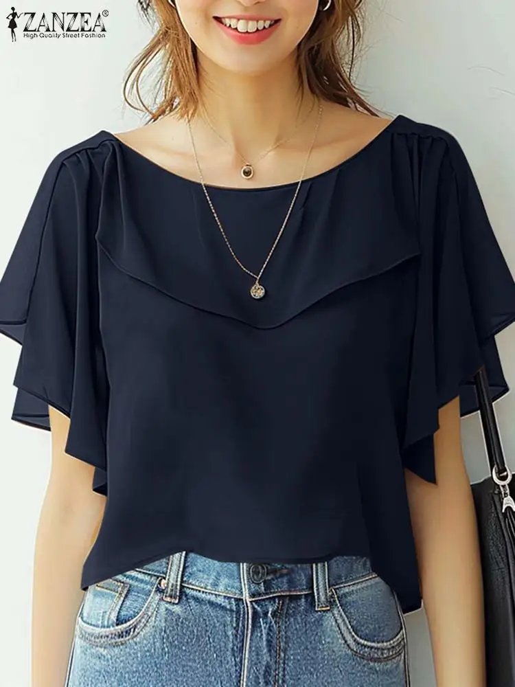 ZANZEA Women Chiffon Blouse Elegant Short Sleeve Shirt 2024 Summer Korean Fashion Solid Tops Tunic Casual Loose Ruffle Hem Blusa