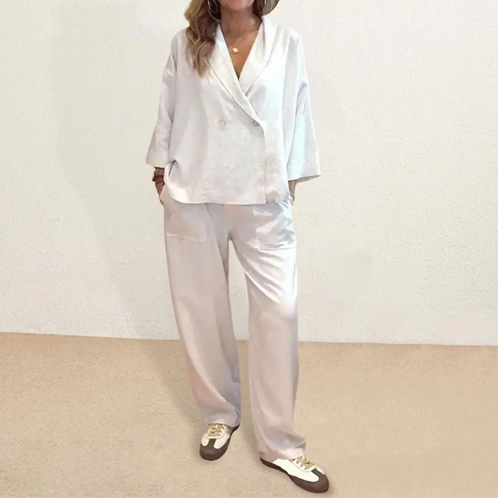 Setelan baju kantor wanita, setelan baju kantor wanita modis, mantel kancing dua baris, celana lebar, pakaian kasual harian berpergian