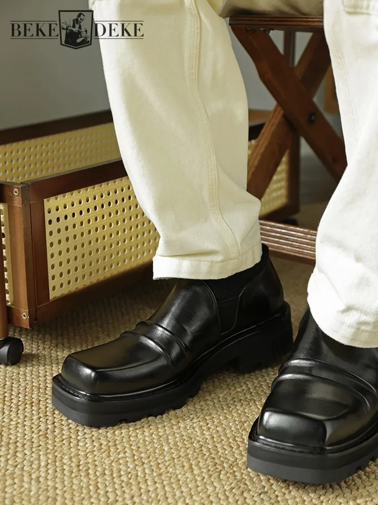 

Мужские модельные туфли из конской кожи в британском стиле с квадратным носком, увеличивающие рост, деловые повседневные лоферы без шнуровки на платформе из натуральной кожи в стиле ретро