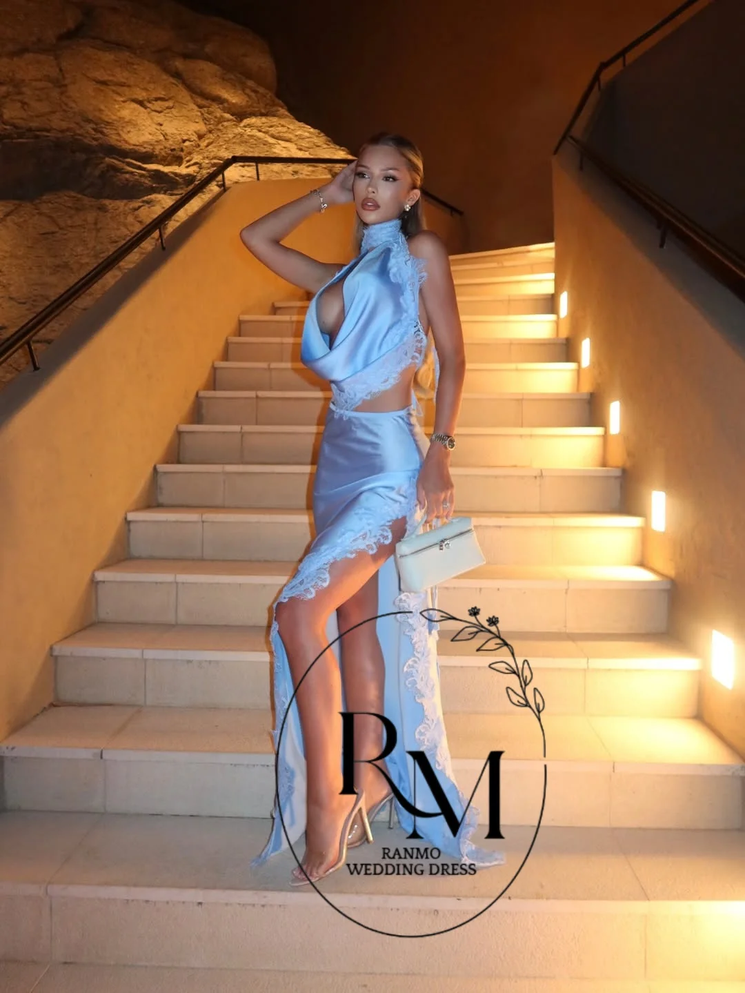 Ranmo Sexy Light Blue Satin Prom Gown Deep V‑Neck 2Pcs Sleeveless 2026 Evening Gown Dress فساتين سهرة Side High Slit