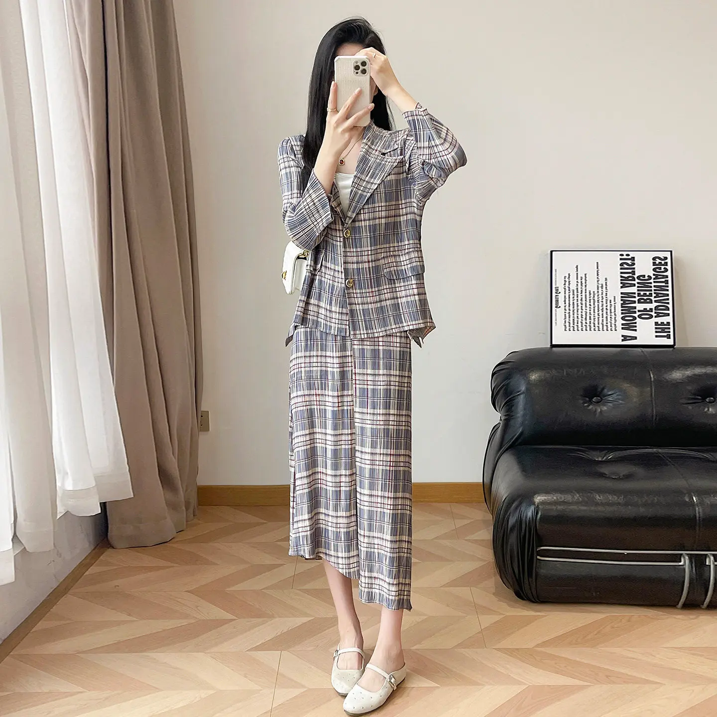 

Miyake Pleated Women's Casual Suit 2026 Spring and Autumn New Plaid Suit Collar Top and Skirt Large Size Commuting Two-piece Set