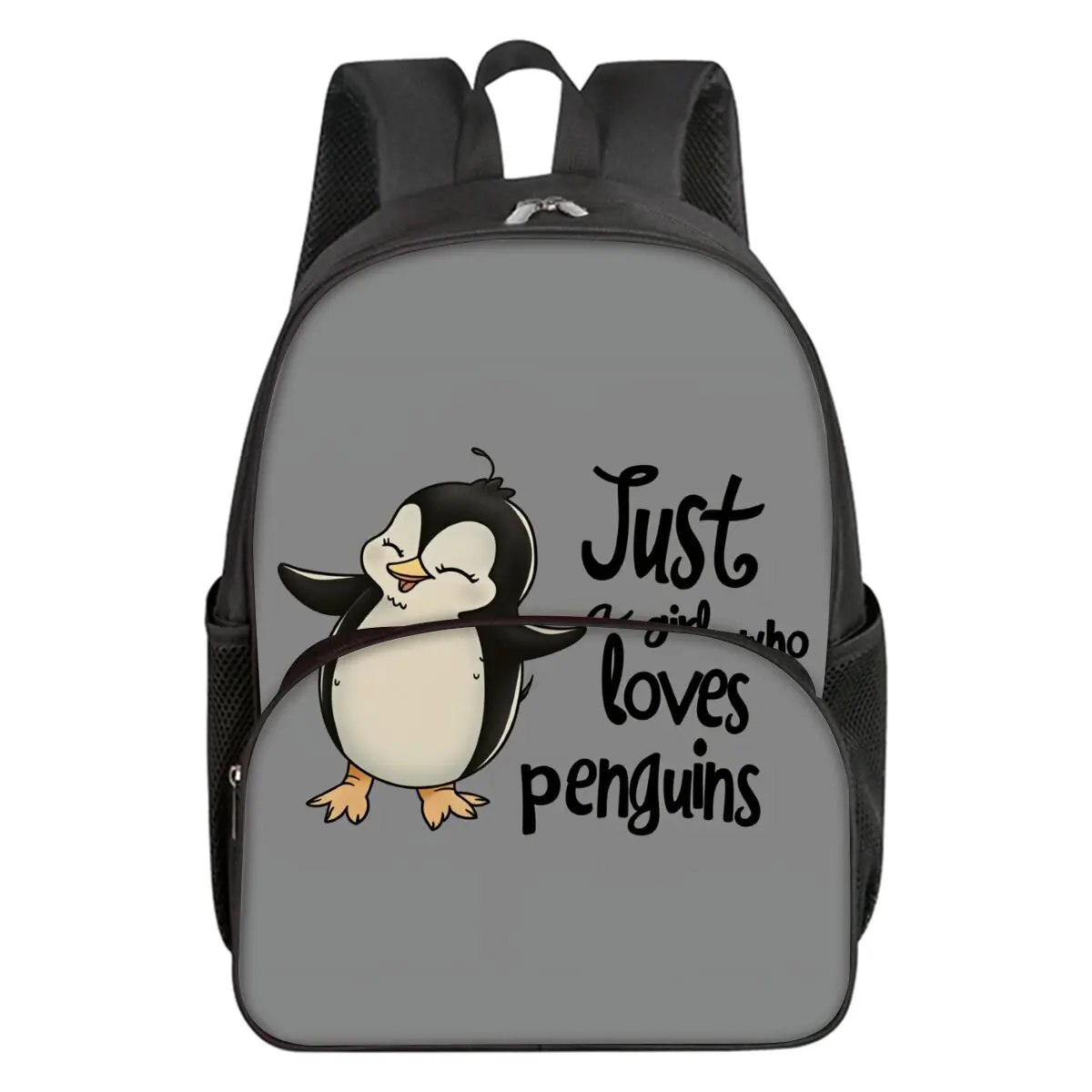 Penguin Print School Backpack for Boys/Girls Best Gift Waterproof 2D Flat Cartoon Round Front Pocket Bag for Children
