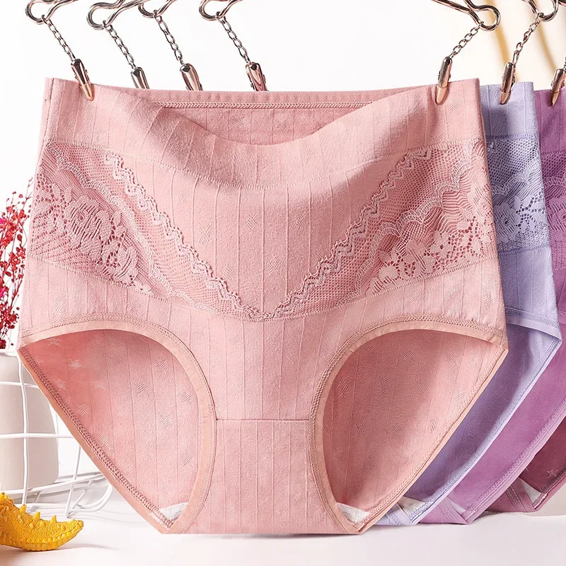 1pcs Cotton Women Panties Lady Plus Size Underwear Lace High Waist Briefs Breathable Solid Color Female Lingerie