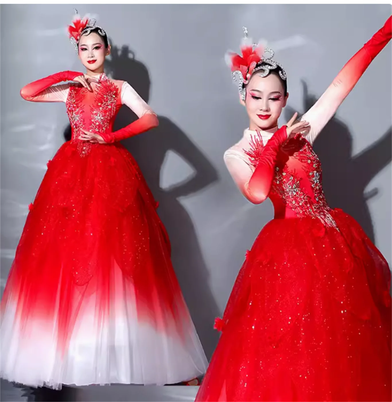 

Opening Dance Dress Women Stage Perform Include Headwear Red Chinese Style