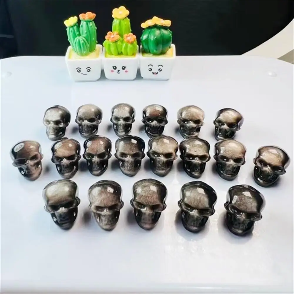 5PCS Natural Silver Obsidian Skull Carving Figurine Crafts Healing Crystals Carving Halloween Gift Home Decoration 13MM