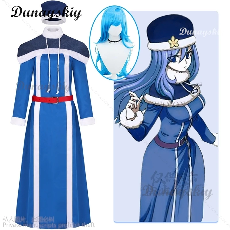 Anime Fairy Cosplay Tail Juvia Lockser Costumes Full Set And Hat Blue Outfit Dress Shawl Cosplay Wig For Men Women Halloween