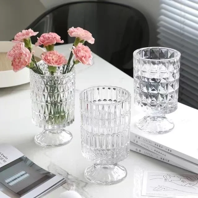 Nordic Style Vintage Luxury Embossed Glass Flower Vase High Legged Transparent Tabletop Decorative Flower Holder Artificial F...