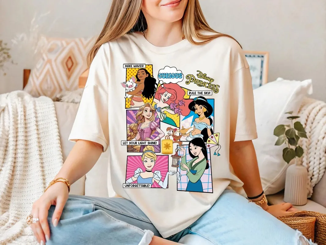 

Лидер продаж, принт принцессы Диснея для женщин, милый и стильный классический уличный стиль из чистого хлопка с круглым вырезом