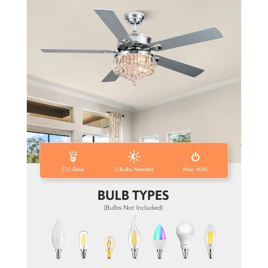 52-Inch Crystal Ceiling Fan with Integrated Light and Remote Control for Farmhouse Bedroom Indoor Use 5 Blades Design with 6-Sp