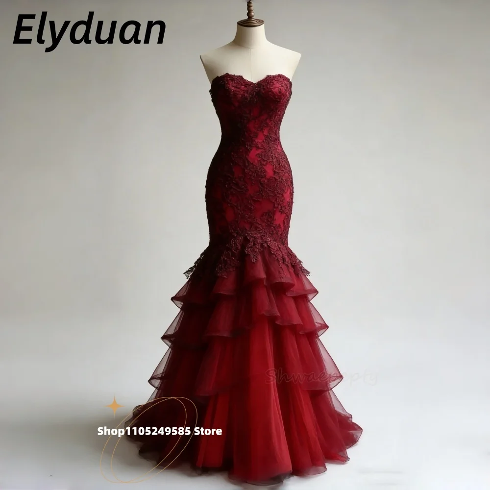 

Modern Burgundy Mermaid Prom Dress Ruffles Tiered Long Sleeveless Evening Gowns Lace Appliques Vintage Reception Wear Customized